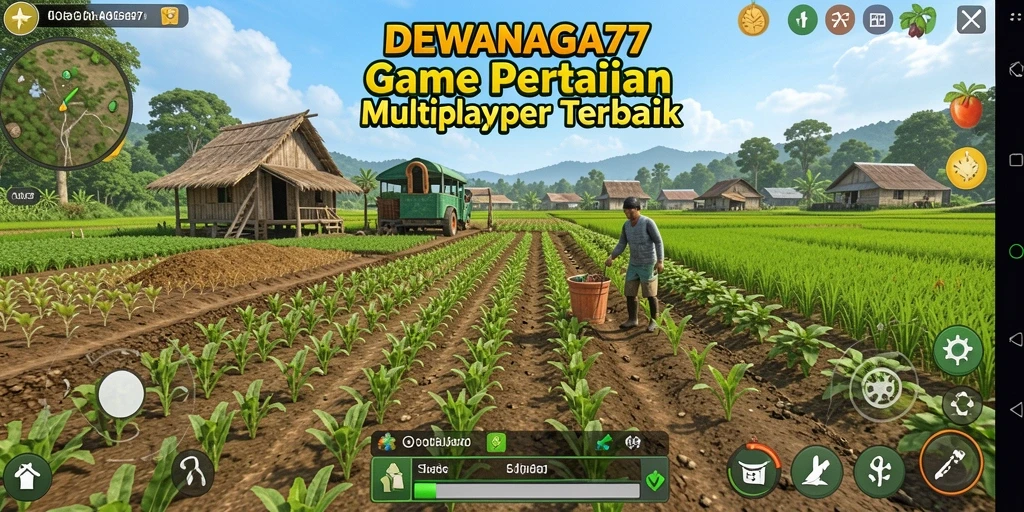 Screenshot gameplay DEWANAGA77 menampilkan ladang hijau yang subur dan hewan ternak.