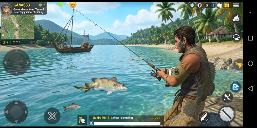 Screenshot gameplay GANAS33 yang menampilkan suasana memancing yang seru.