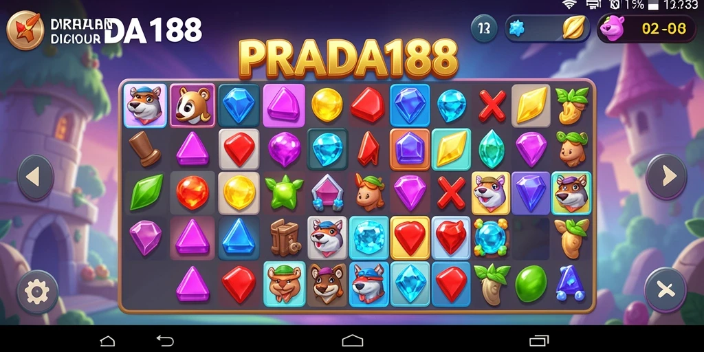 Tampilan gameplay PRADA188 dengan objek colorful Match-3.