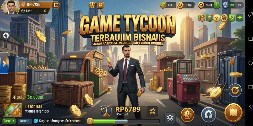 Screenshot gameplay RP6789 menampilkan aksi membangun empire bisnis.