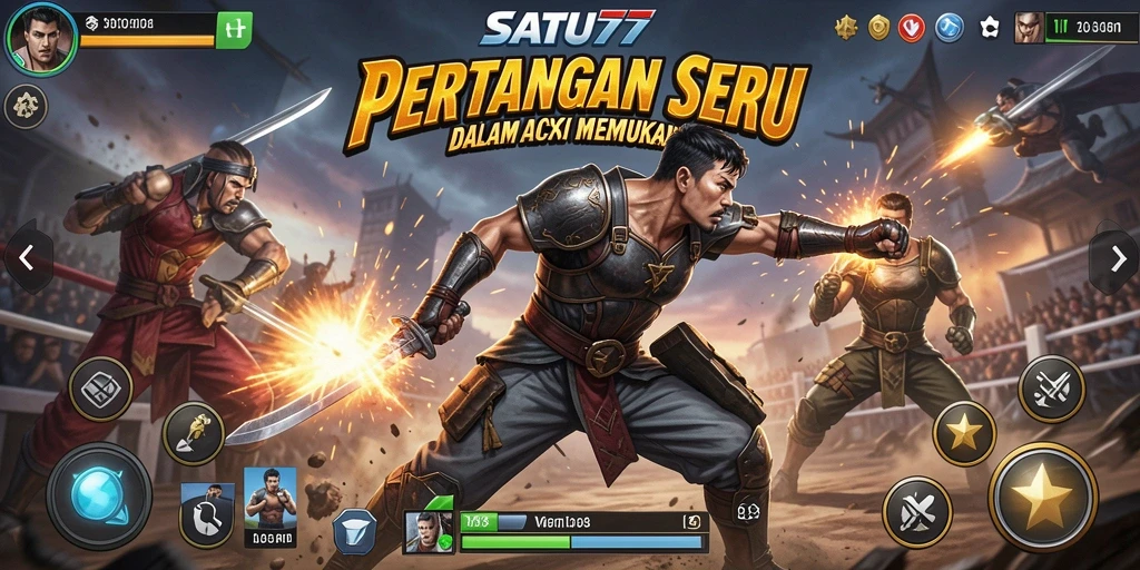 Tampilan gameplay mendebarkan dari SATU77 dengan karakter bertarung.