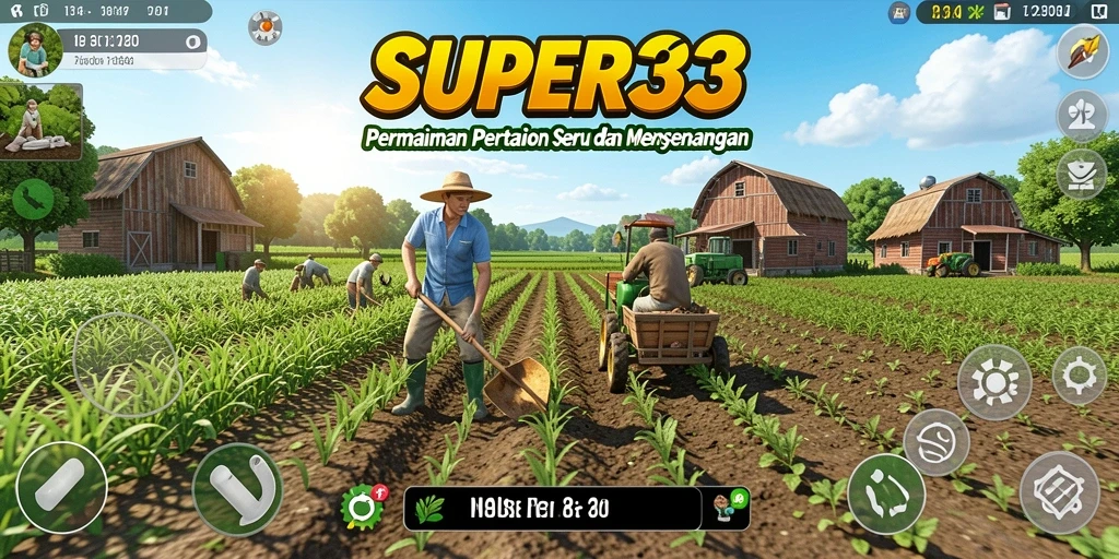 Tangkapan layar gameplay <strong>SUPER33</strong> yang menunjukkan ladang yang subur dan tanaman yang tumbuh.